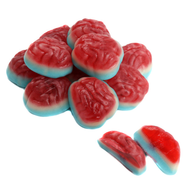 Red and pink strawberry-filled gummy brains, about 60 per pound, perfect for Halloween candy.