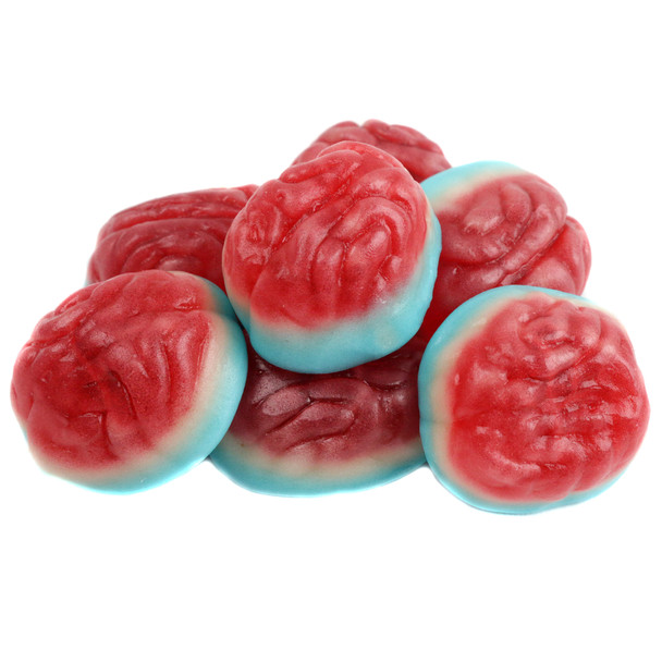 Pink, brain-shaped gummy brains filled with strawberry jelly, approximately 60 per pound for Halloween.
