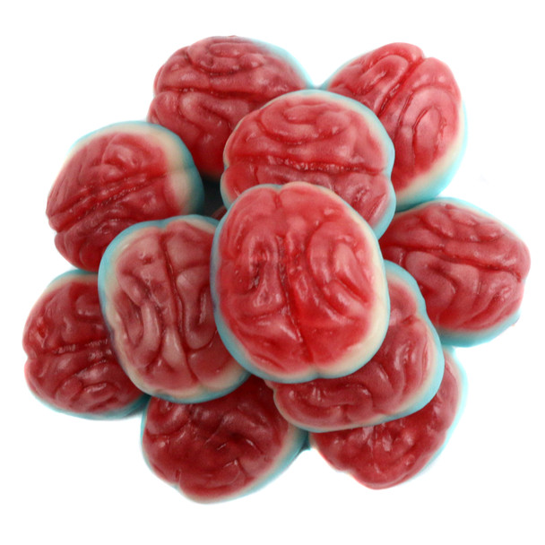 Red, brain-shaped gummy candies, strawberry-filled with jelly interior. Approximately 60 pieces per pound. Halloween.