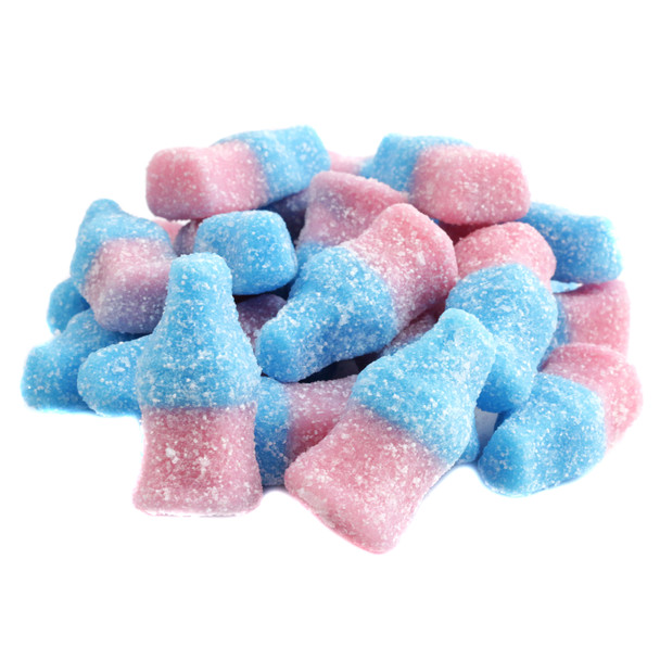 Sour Gummy Bubble Gum Bottles, mini pink and blue candy, approx 90 per pound, made in Holland.