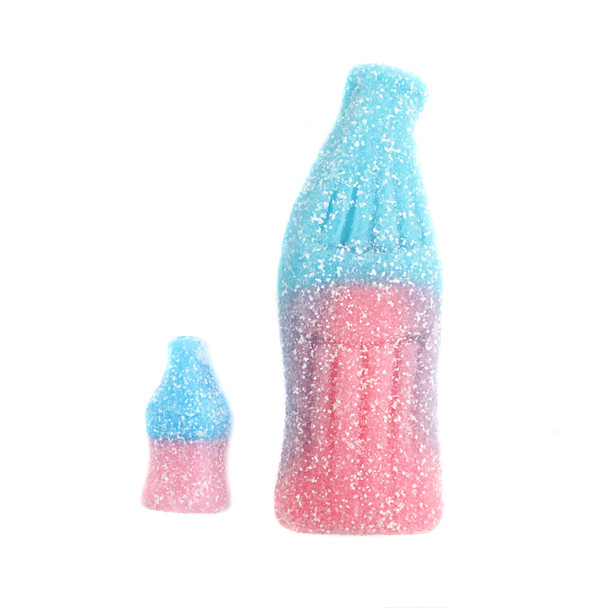 Giant sour bubble gum bottles, brown gummy cola bottles, tangy, sour, delicious gummy candy, nostalgic treats.
