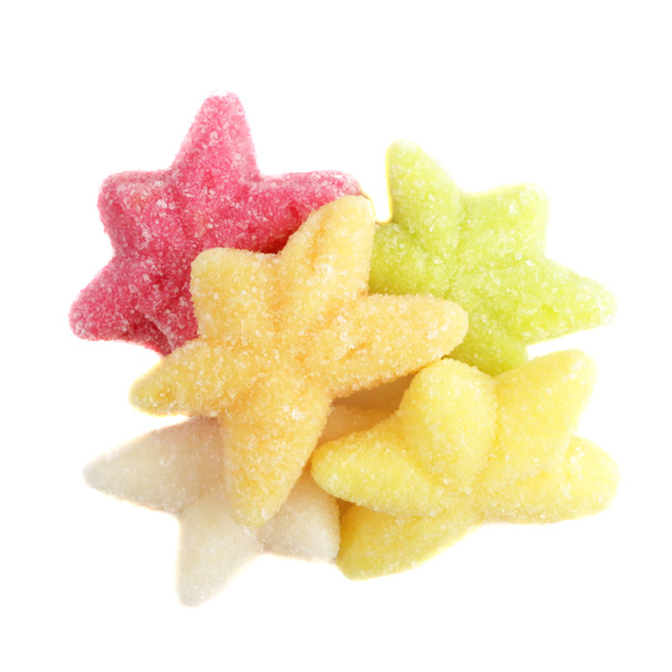 2.2LB bag of assorted colorful gummy tropical starfish candy, raspberry, orange, pineapple, apple, pear.