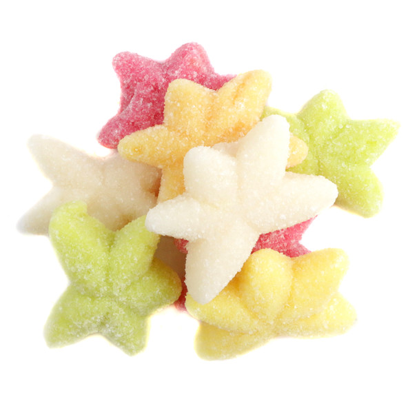 2.2LB bag of colorful gummy tropical starfish candy, assorted raspberry, orange, pineapple, apple, pear flavors.