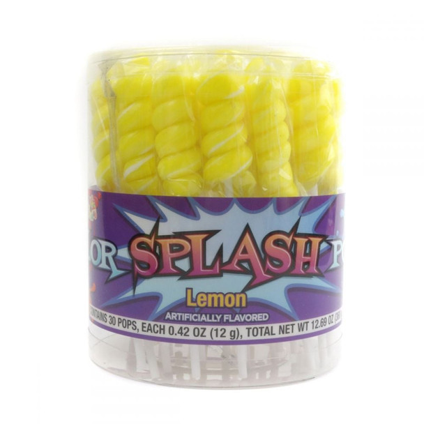 30 bright yellow Alberts lemon twist lollipops, individually wrapped. Vibrant yellow candy with a fun twist design.