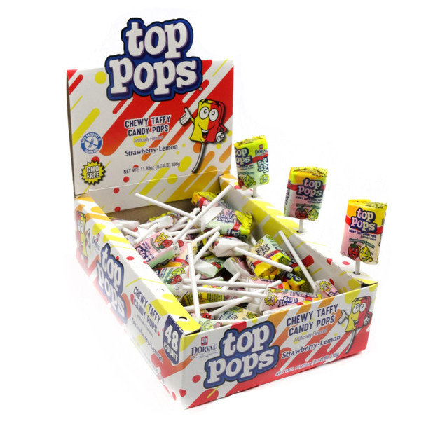 Dorval's Top Pops Strawberry Lemon taffy lollipops, 48 individually wrapped red and yellow lollipops on sticks.