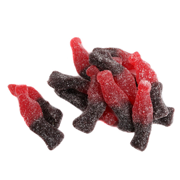 Gummy cherry cola bottles, red & brown, bottle-shaped candy, approx. 63 per pound, for cherry soda lovers.