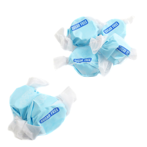 Blue raspberry sugar free salt water taffy. Chewy, vibrant blue candy pieces, approx 65 per lb.