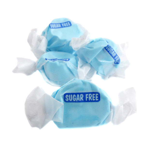 Blue Raspberry Sugar Free Salt Water Taffy. Bright blue pieces, approx 65 per pound.