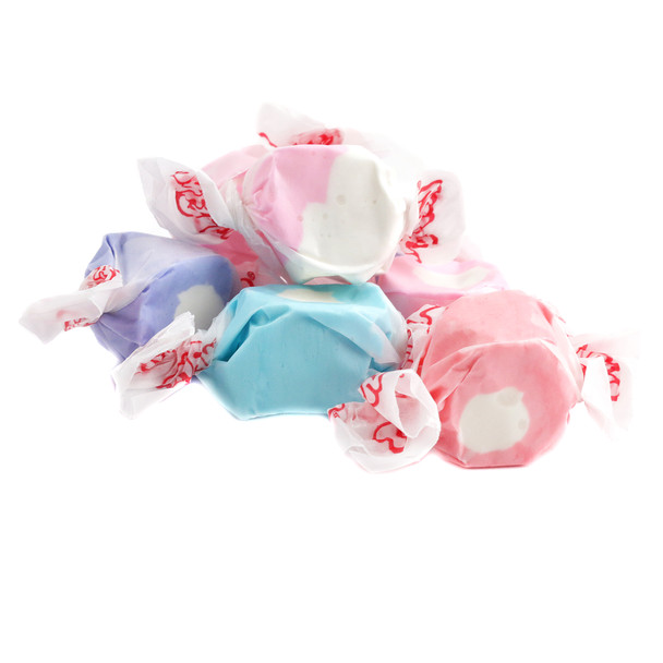 Pastel Salt Water Taffy, ~65 berry cream pieces per pound. Pink, purple, red, and blue taffy, USA made, gluten free.
