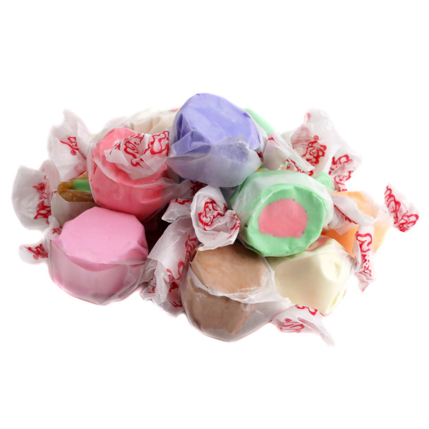 Taffy Town assorted colorful whipped salt water taffy, approx 65 bulk wrapped pieces per pound, gluten-free, Made in USA.