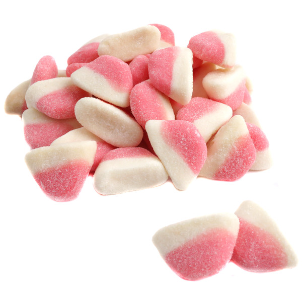 Pink Gummy Strawberry Cake candy, approximately 150 pieces per pound, sweet foamy bottom, delicious strawberry flavor.