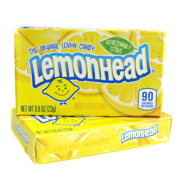 Yellow display box containing 24 mini .8oz Lemonheads candy packs, sour lemon flavor. Retro fun size candy