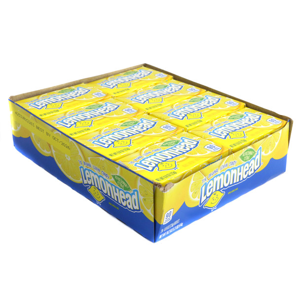 Lemonheads mini sour lemon candy, 24 individual yellow packs, fun size retro treat.