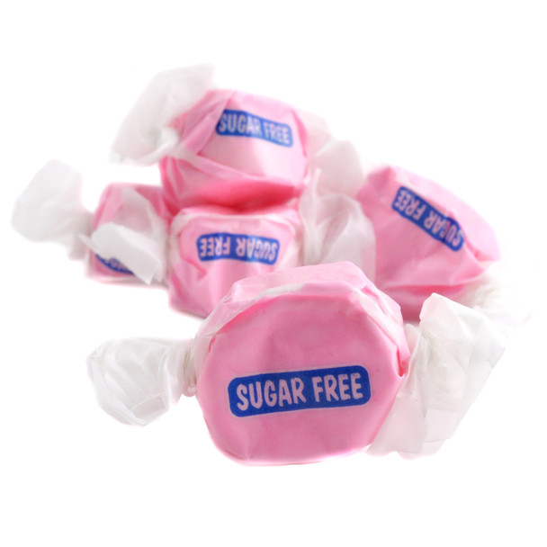 Vibrant red sugar-free cinnamon salt water taffy, approximately 65 pieces per pound, American-made.