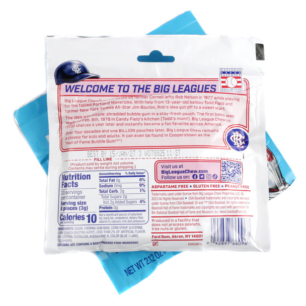 Big League Chew Curveball Cotton Candy. Vibrant blue shredded bubble gum strips in a single stay-fresh pouch, cotton candy flavor.