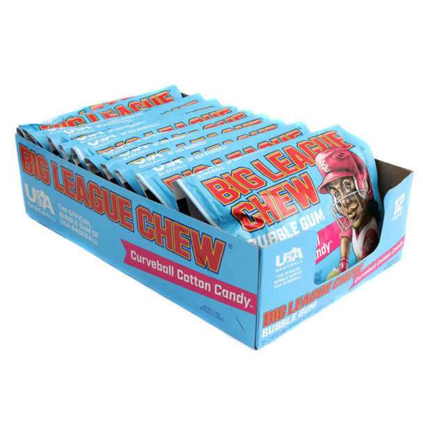 Vibrant blue shredded Big League Chew Curveball Cotton Candy bubble gum pouch.