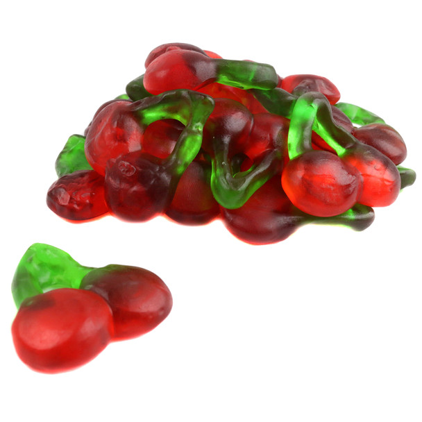 Haribo Gummy Happy Cherries, two round red gummies with a green stem, approximately 44 per pound.