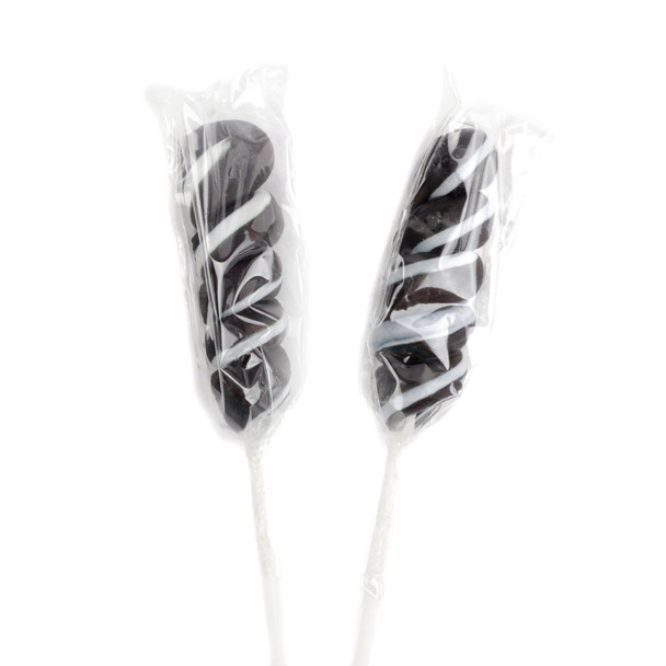 Black twist lollipops, 30 count, individually wrapped, with rich black cherry flavor and sophisticated swirl design.