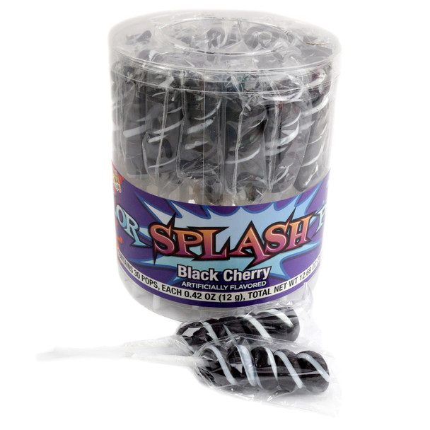 30 black twist lollipops, individually wrapped, with a sophisticated black swirl design and rich black cherry flavor.