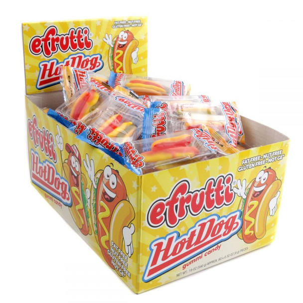 Gummy Hot Dogs, 60 pieces. Miniature vibrant gummy hot dogs with gummy bun, dog, relish, and ketchup.