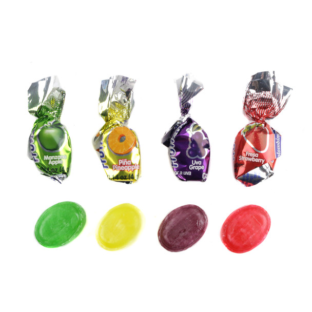 Vibrant, assorted Colombina Fancy Fruit Filled hard candies. Strawberry, green apple, grape, pina colada. Gooey centers, approx 84 pieces.