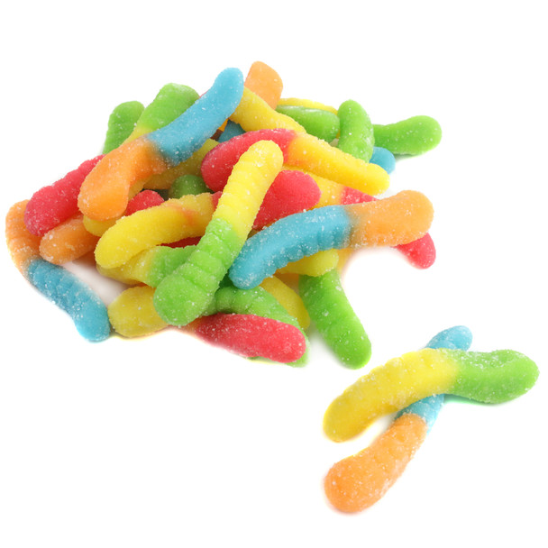 Bright neon Mini Sour Gummy Worms, 100 per pound, blue, yellow, orange, red, green apple flavors, sour coated.