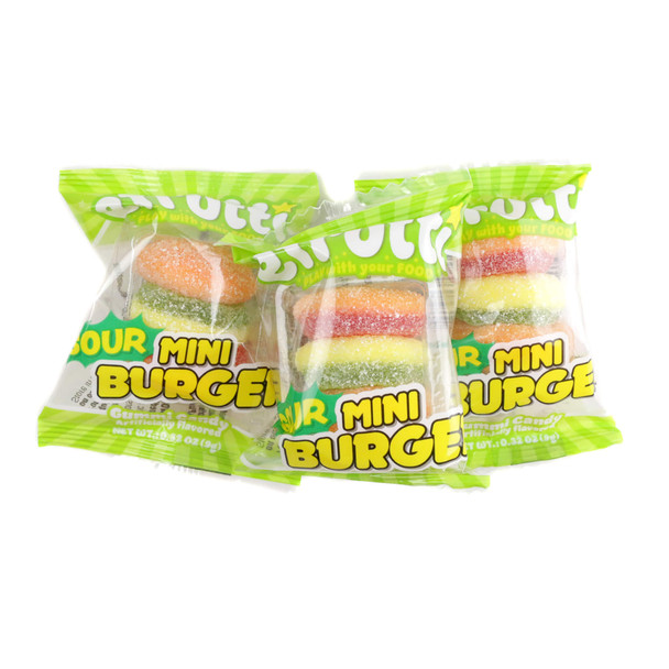 60 individually wrapped tangy Gummy Mini Sour Burgers, featuring colorful gummy bun, patty, cheese, and pickle layers.