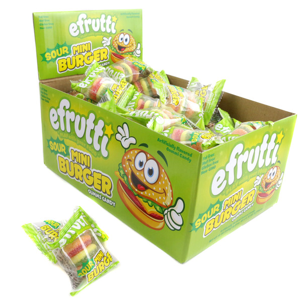 60 individually wrapped Gummy Mini Sour Burgers, with tan buns, brown patties, yellow cheese, green pickles.