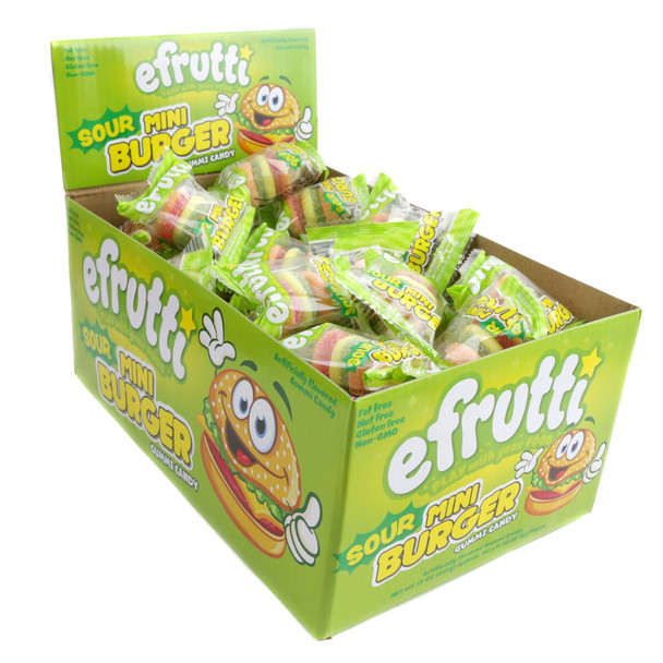 60 individually wrapped, colorful gummy mini sour burgers with light bun, brown patty, yellow cheese, green pickle.