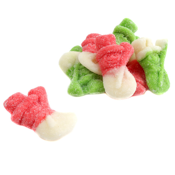 Red and green Gummy Snowmen, strawberry apple candy. Approx 50 pieces per pound, made in Spain.