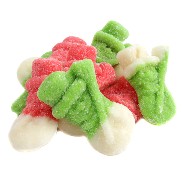 Red and green Gummy Snowmen, strawberry and apple flavor. Approx 50 pieces per pound, festive holiday candy from Spain.