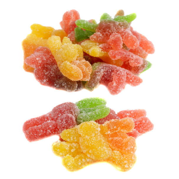 Vibrant multicolored Gummy Spiders, sweet and sour Halloween candy, approximately 50 spiders per pound.