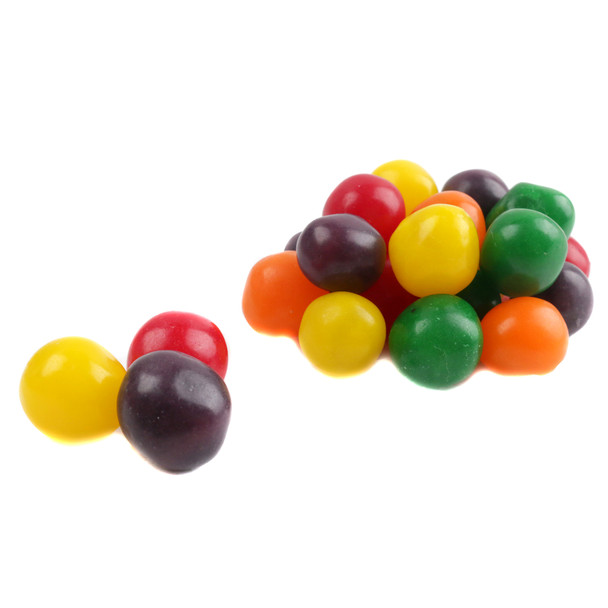 Bright, shiny, assorted rainbow chewy sour balls, cherry, lemon, orange, green apple, grape, 95 per pound.