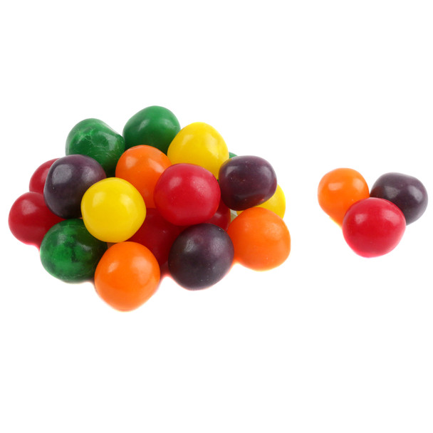 Assorted Chewy Sour Balls, shiny bright rainbow colors, Cherry, Lemon, Orange, Green Apple, Grape. Approx 95 per pound.