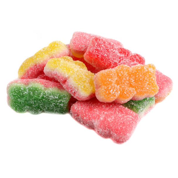 Colorful Gummy Sour Triple Bears, chewy and sweet with sandy sugar coating, five fruity flavors, approx 100 per lb.