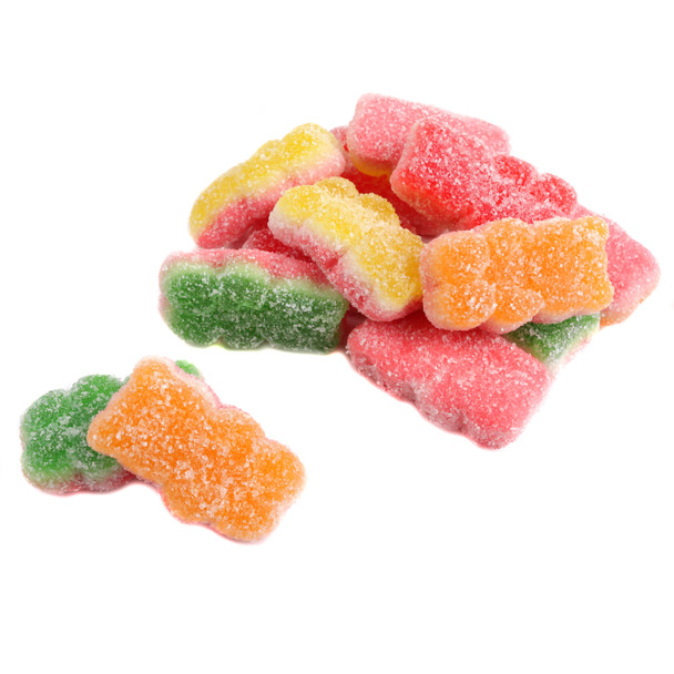 Rainbow Gummy Sour Triple Bears, chewy, bite-sized, covered in a sandy sugar layer. Five fruity flavors, approx 100 per pound.