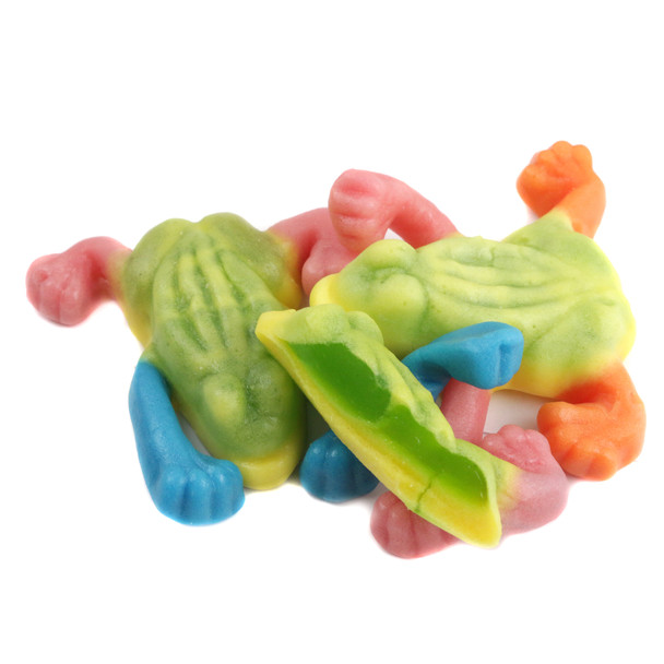Multicolored Gummy Tropical Frogs, filled with pineapple & mango fruit flavors. Approx 35 per pound.