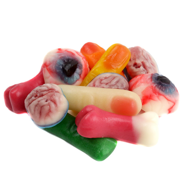 Vidal Gummy Missing Body Parts, assorted colors, spooky Halloween candy with fingers, brains, teeth. Approx 35 per pound.