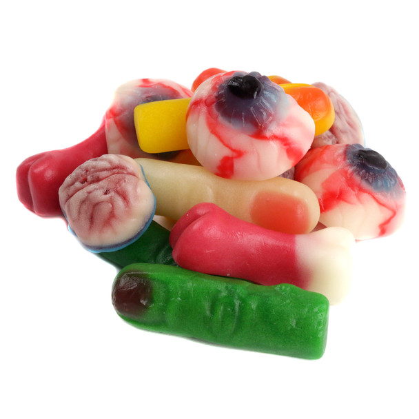 Spooky Vidal Gummy Missing Body Parts, assorted colors of fingers, brains, teeth, approx 35 per pound, Halloween candy.