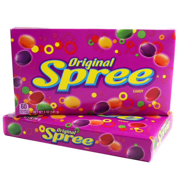 12 original Spree Candy Theater Boxes, 5oz each, with colorful rainbow disks. Sweet and sour fruit candy.