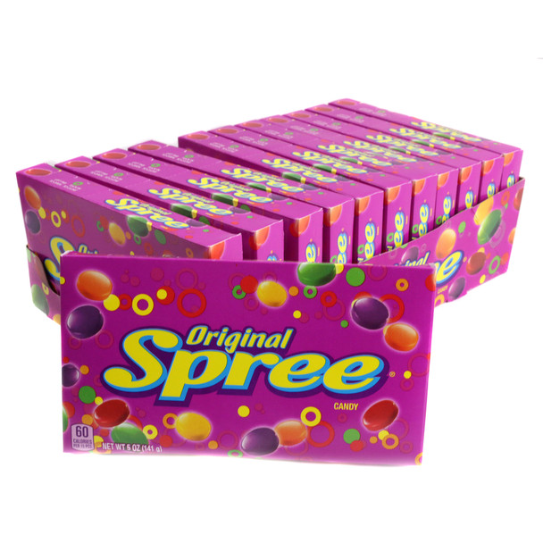 Twelve Spree Candy Theater Boxes, 5oz each, featuring vibrant rainbow fruit-flavored sweet and sour chewy disks.