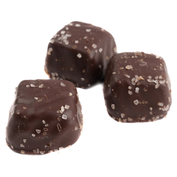 Asher's rich dark chocolate covered sea salted caramels, approximately 30 brown pieces per pound.