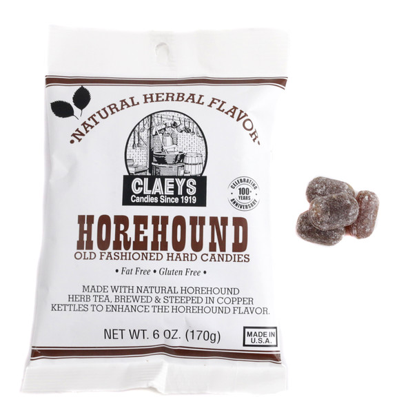 Claeys Hard Candy Drops Horehound 6oz bag. Approx 42 dark, old-fashioned, semi-sweet pieces.