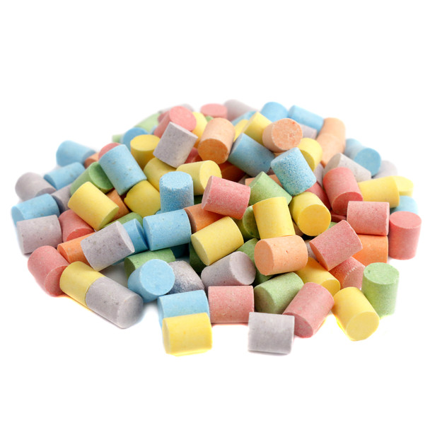 Tart N Tinys, bite-sized sour retro candy pellets. Rainbow cherry, orange, lemon, grape, lime flavors, uncoated.