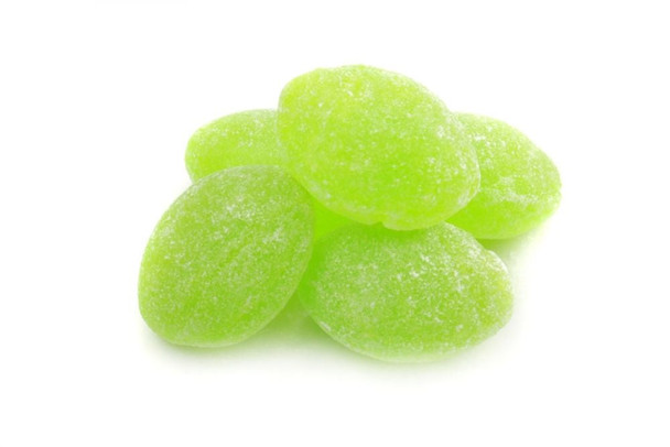 Bright green, sugar sanded Claey's Green Apple hard candy, approx 75 pieces per pound, Made in USA.