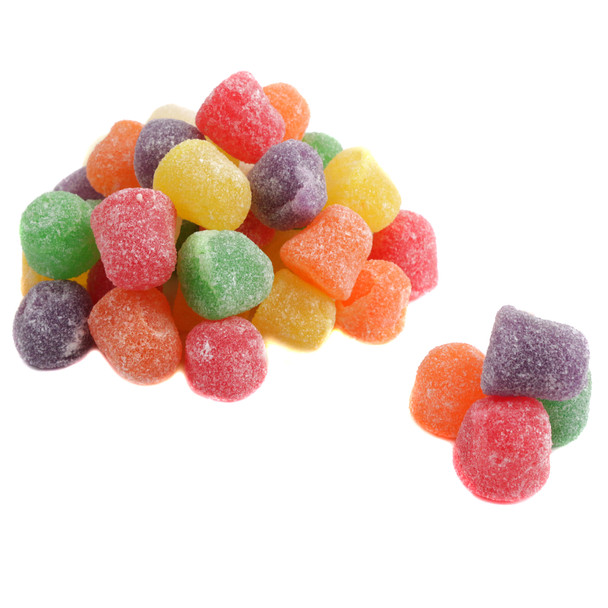Rainbow colored, chewy Spice Drops, approximately 120 per pound, with sugary coating for Christmas.