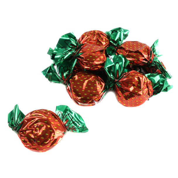 Primrose Strawberry Hard Candy, vibrant red, individually wrapped in bright foils, approx. 66 candies per pound.