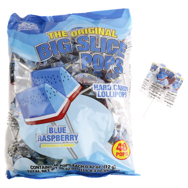 Big Slice Pops Blue Raspberry 48-piece candy box with bold blue raspberry flavored lollipops individually wrapped for freshness.