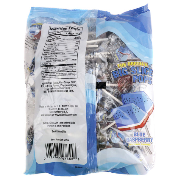 Big Slice Pops Blue Raspberry candy pops in a 48-count individually wrapped lollipops.