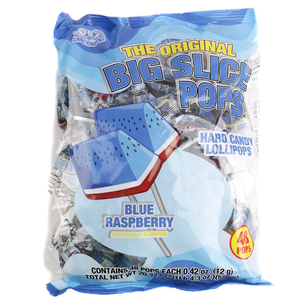 48 blue raspberry triangle-shaped Big Slice lollipops, individually wrapped.